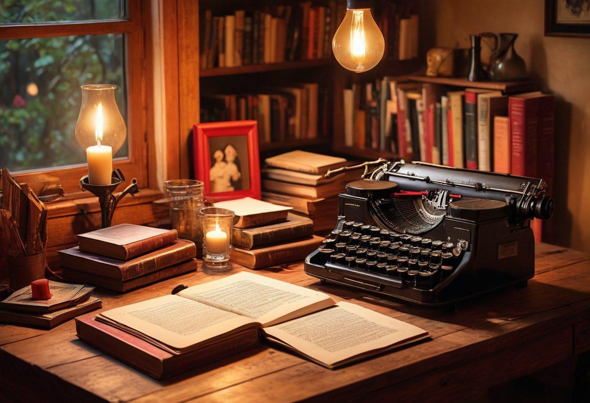 An ethereal, dimly lit writer's studio, filled with vintage typewriters and scattered handwritten pages. Sensual silhouettes of a couple lost in a passionate embrace are subtly incorporated into the background. A warm glow illuminates a glass of red wine on a wooden desk surrounded by books, inviting an atmosphere of intimate storytelling. dreamy, soft focus. vibrant colors. artistic illustration.